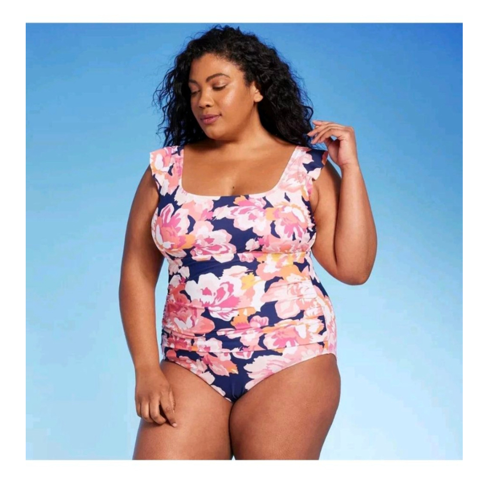 Kona Sol Navy Pink Floral Ruffle One Piece Swimsuit 16 Plus resortcore beach - Picture 1 of 7